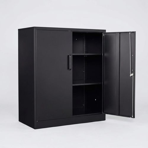 SISESOL 36 inch counter height metal storage cabinet with lock, black steel, 2 adjustable shelves