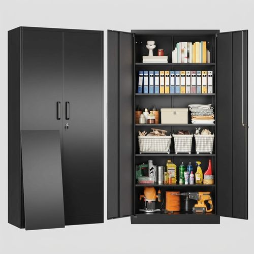 SISESOL 71 inch black metal storage cabinet with lock, 2 doors and 6 shelves for garage and office