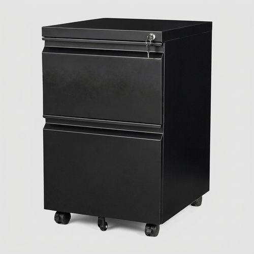 SISESOL 2 drawer file cabinet on wheels with lock, black metal, under desk size
