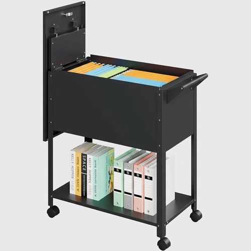 Rolling file cart with wheels and hanging files, black metal, lockable for home office