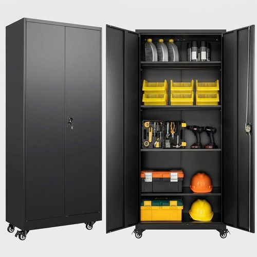 SISESOL 75 inch tall rolling garage storage cabinet on wheels with lock, black metal