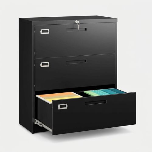 SISESOL 3 drawer lateral file cabinet with lock, black metal, horizontal filing for office