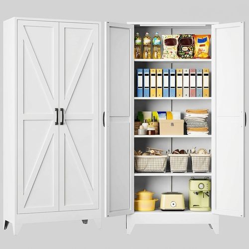 SISESOL 75 inch Tall Pantry Cabinet with farmhouse design, white metal, 2 doors and 5 shelves