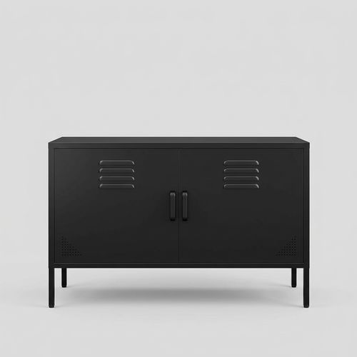 SISESOL black metal accent storage cabinet with doors, legs, and vent holes for living room