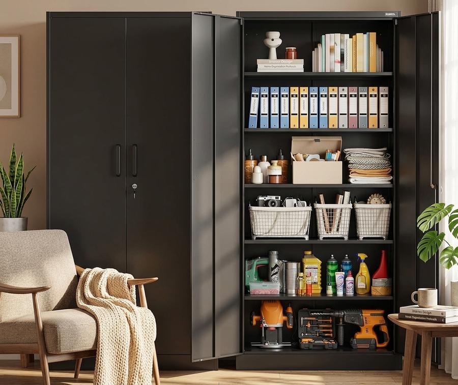 SISESOL 71 inch black metal cabinet in a garage workshop