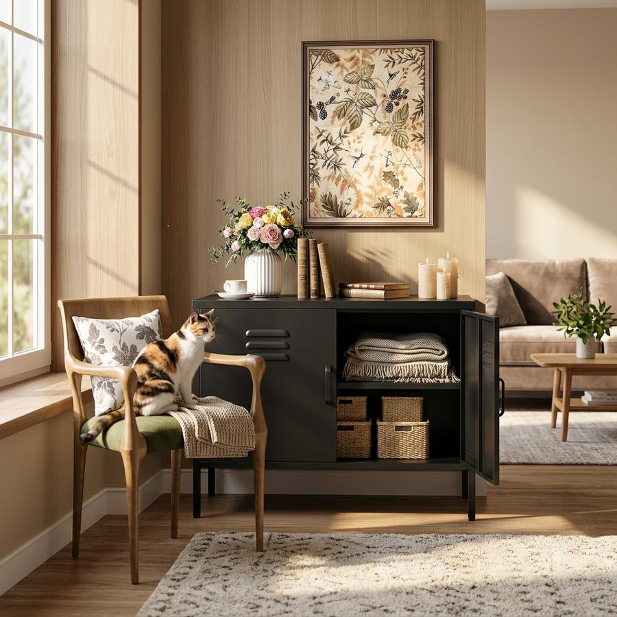 SISESOL accent storage cabinet used as a TV stand in a living room